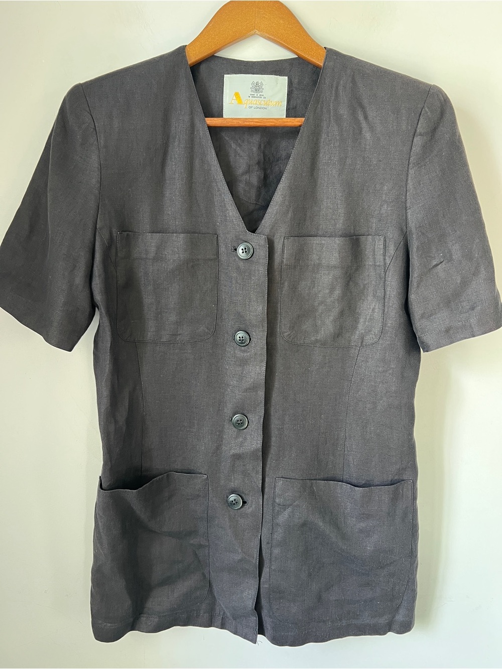 Aquascutum London Charcoal Short-Sleeve Linen Blazer 100% Linen Flax